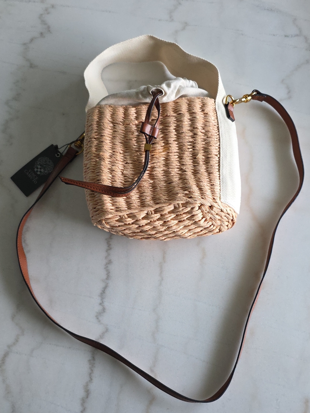 VINCE CAMUTO Straw Bucket Bag with Cream Canvas Top and Brown Strap